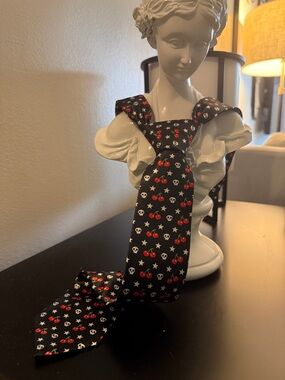 Vintage Black Silky Tie with Red Cherry & White Skull & Star Print 💀🍒⭐️